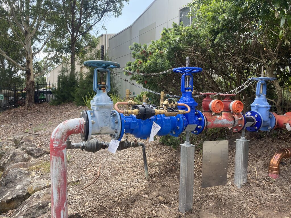 DCDA Double check detector check on a fire service with a water meter and metal stands